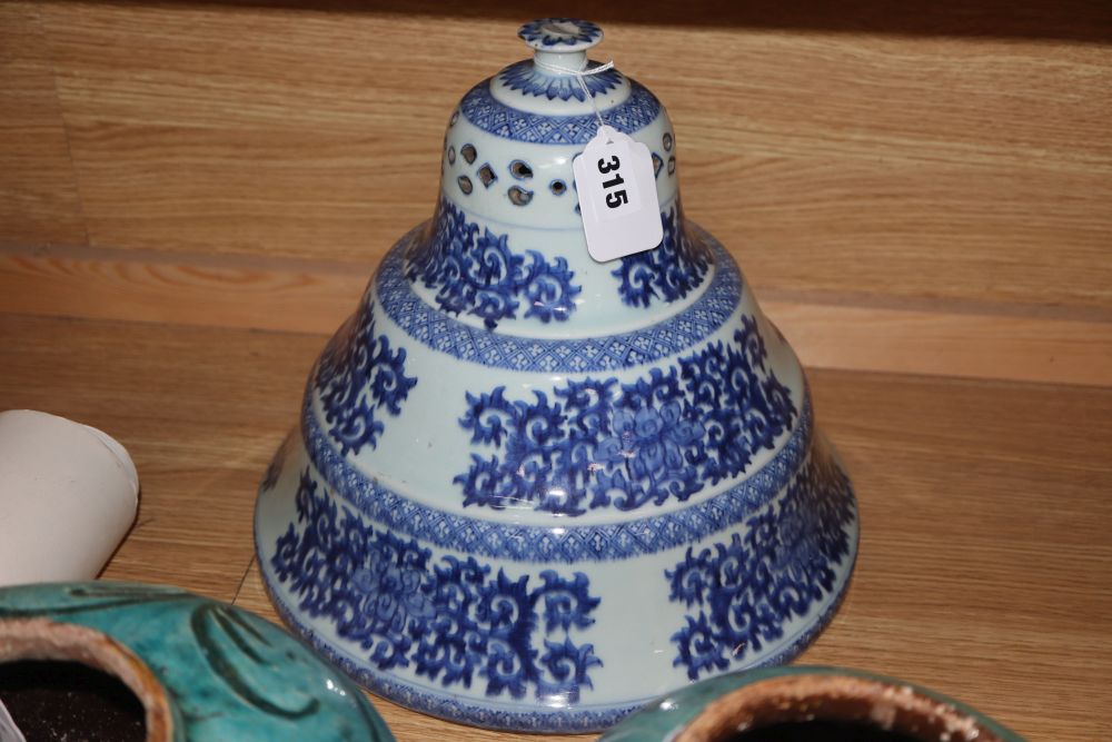 Two Chinese Provincial-style bulbous turquoise-glazed incised ginger jars and three other items,